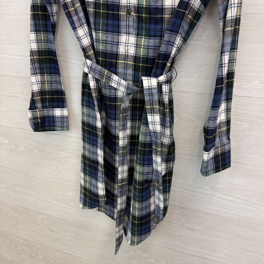 LL Bean Blue/ White Plaid Long Sleeve Tie Waist Dress Extra Small