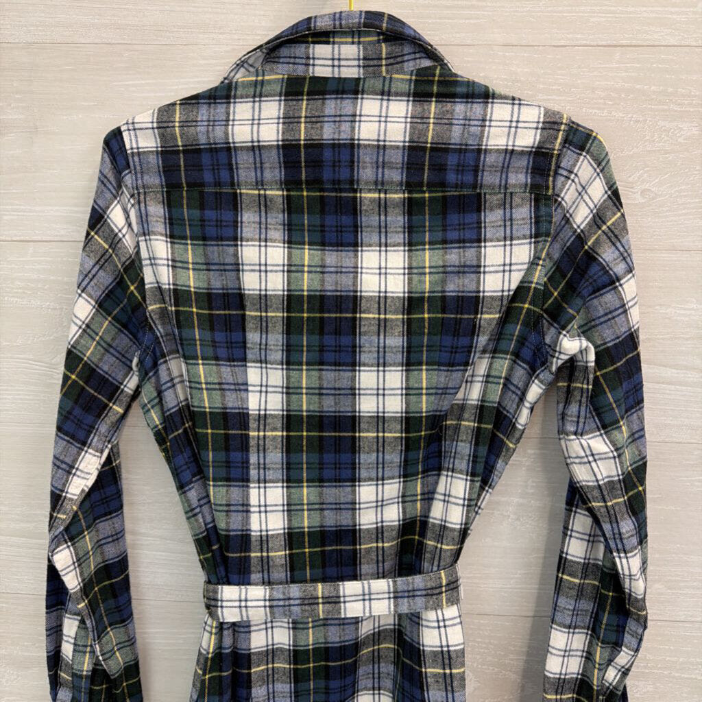 LL Bean Blue/ White Plaid Long Sleeve Tie Waist Dress Extra Small