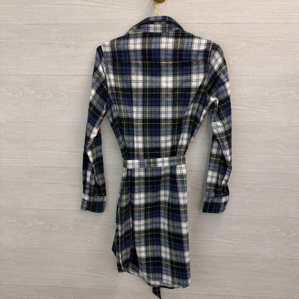 LL Bean Blue/ White Plaid Long Sleeve Tie Waist Dress Extra Small