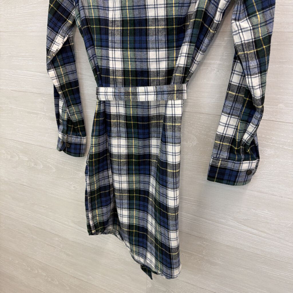 LL Bean Blue/ White Plaid Long Sleeve Tie Waist Dress Extra Small