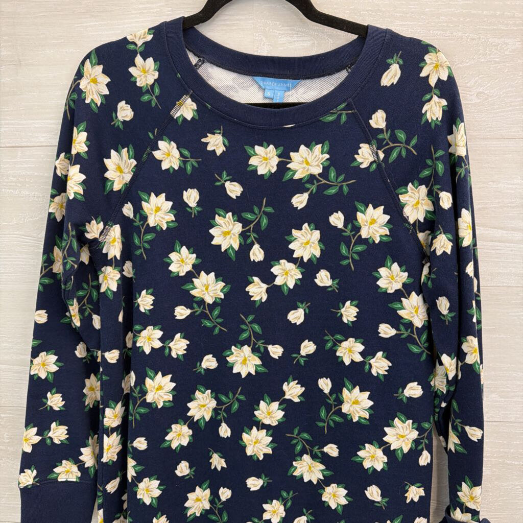 Draper James Navy/ White Flower Print Long Sleeve Sweatshirt Dress Small