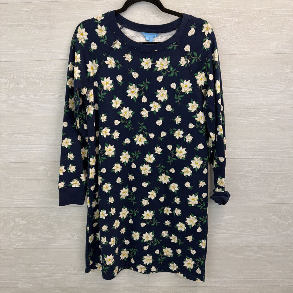 Draper James Navy/ White Flower Print Long Sleeve Sweatshirt Dress Small