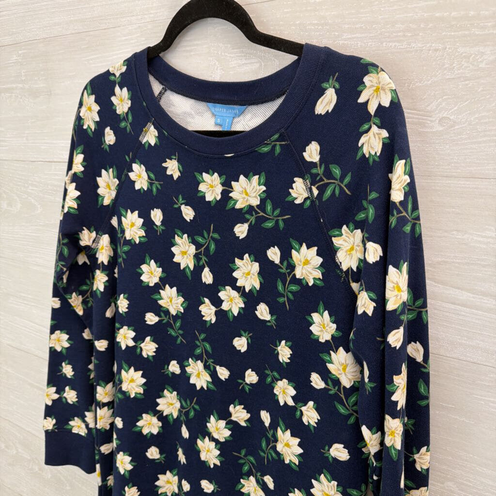 Draper James Navy/ White Flower Print Long Sleeve Sweatshirt Dress Small