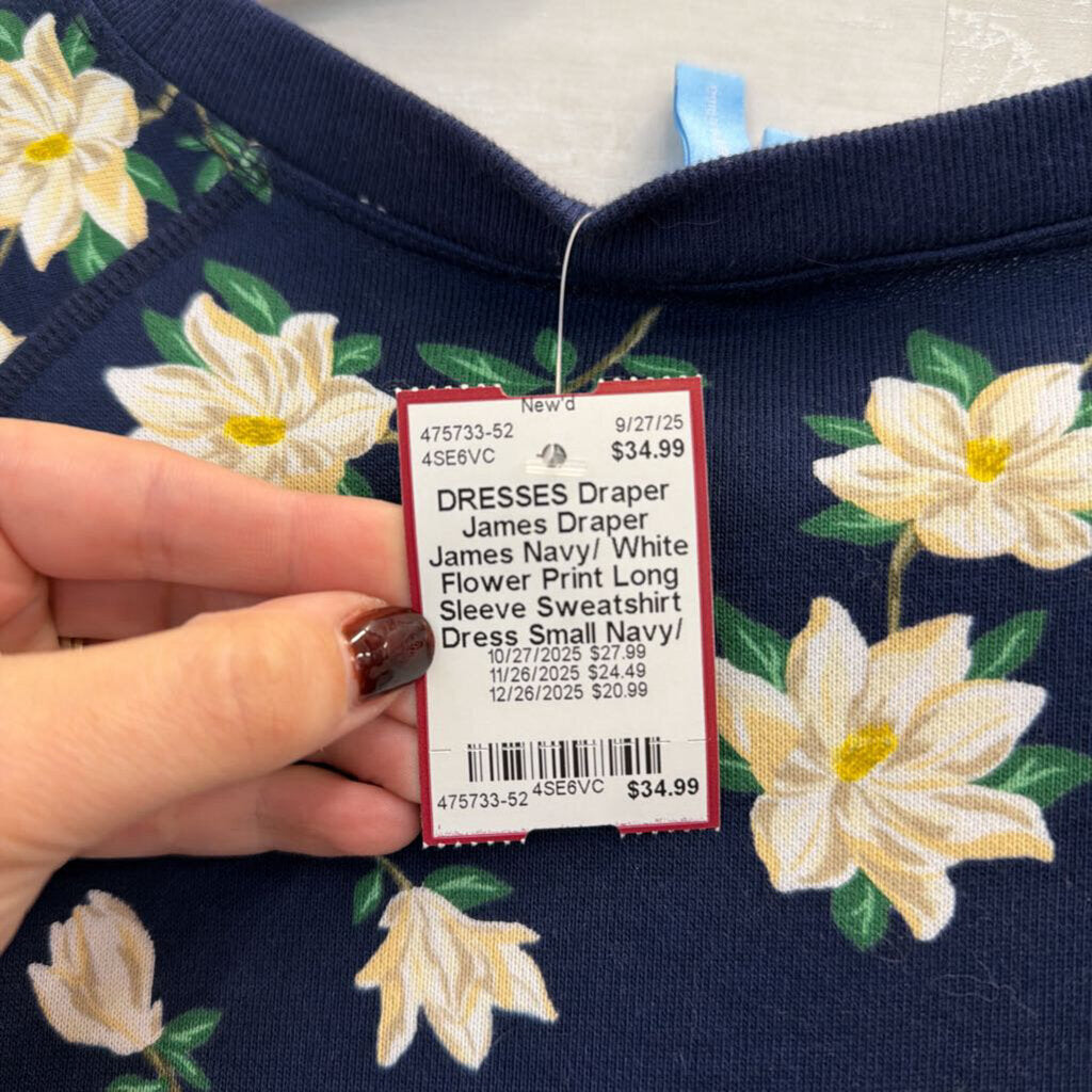 Draper James Navy/ White Flower Print Long Sleeve Sweatshirt Dress Small