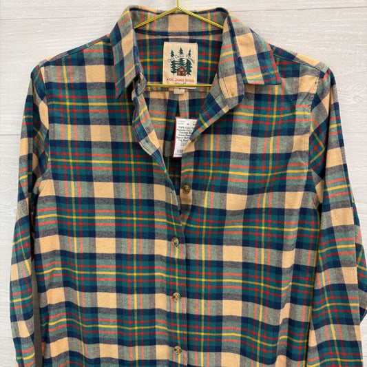 Cozy Cabin Flannels Beige/ Green Plaid Long Sleeve Button Down Top Small