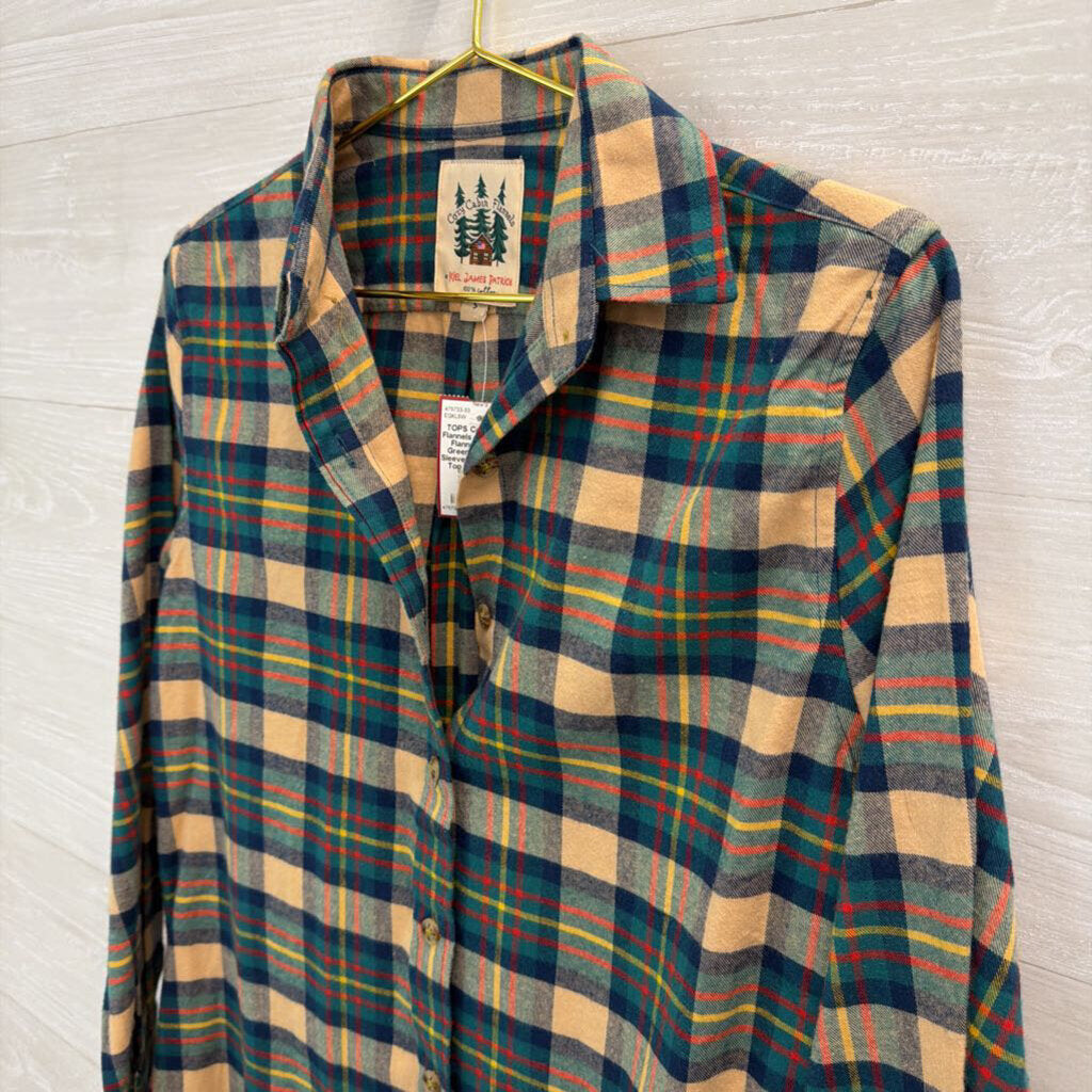 Cozy Cabin Flannels Beige/ Green Plaid Long Sleeve Button Down Top Small