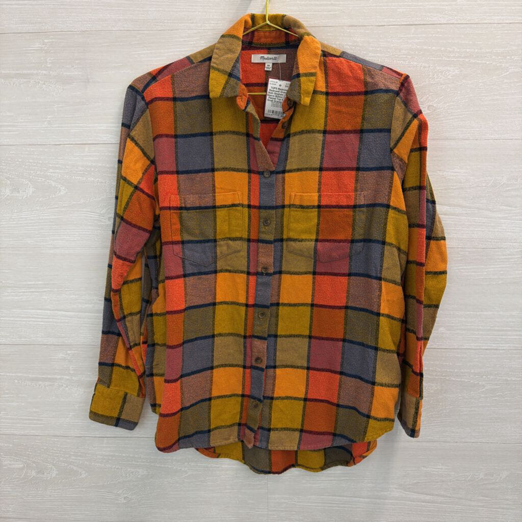 Madewell Orange/ Multi Gingham Long Sleeve Button Down Flannel Top Extra Small