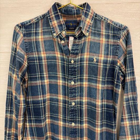 Ralph Lauren Blue/ Beige Plaid Long Sleeve Button Down Top Extra Small