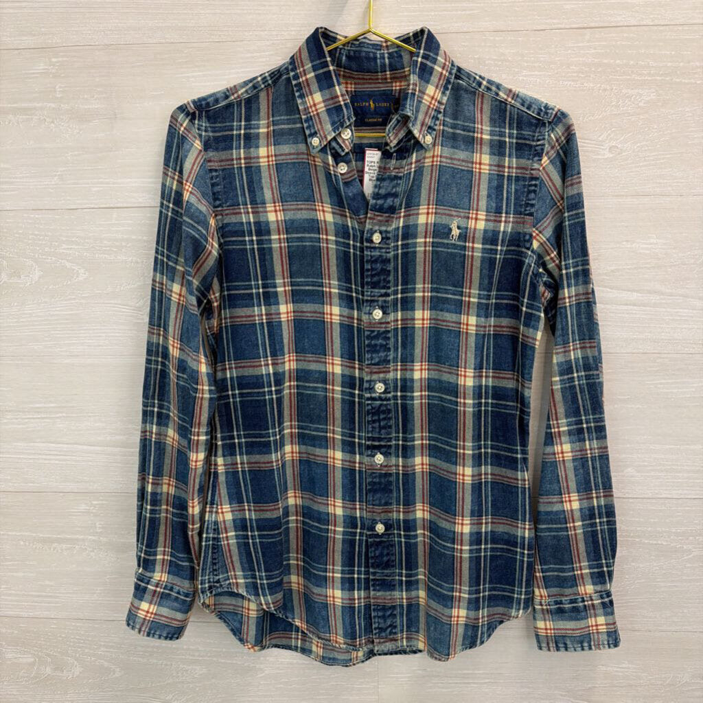Ralph Lauren Blue/ Beige Plaid Long Sleeve Button Down Top Extra Small