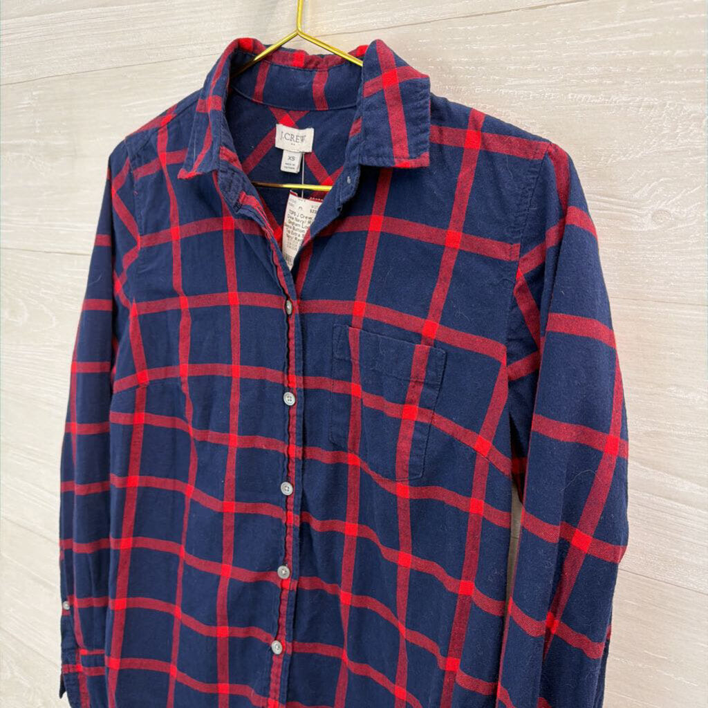 J Crew Navy/ Red Gingham Long Sleeve Button Down Top Extra Small