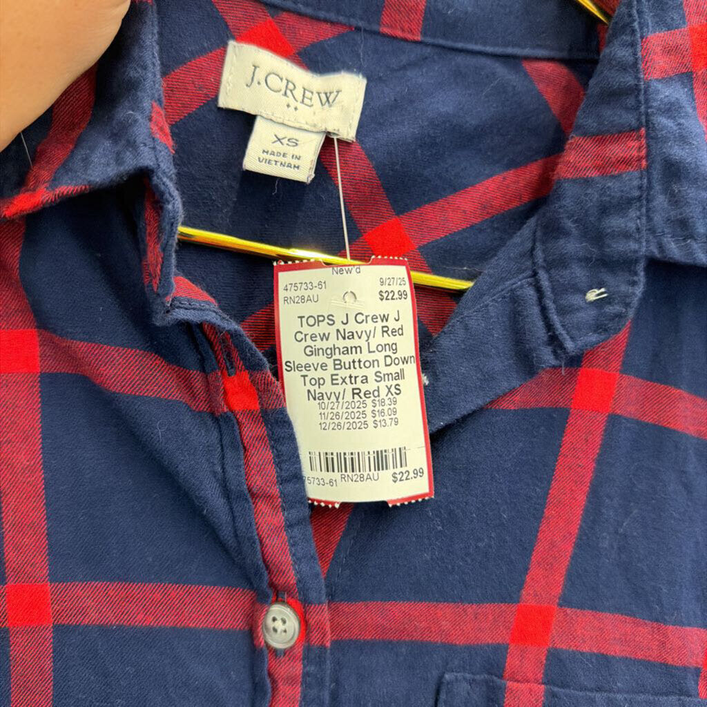 J Crew Navy/ Red Gingham Long Sleeve Button Down Top Extra Small