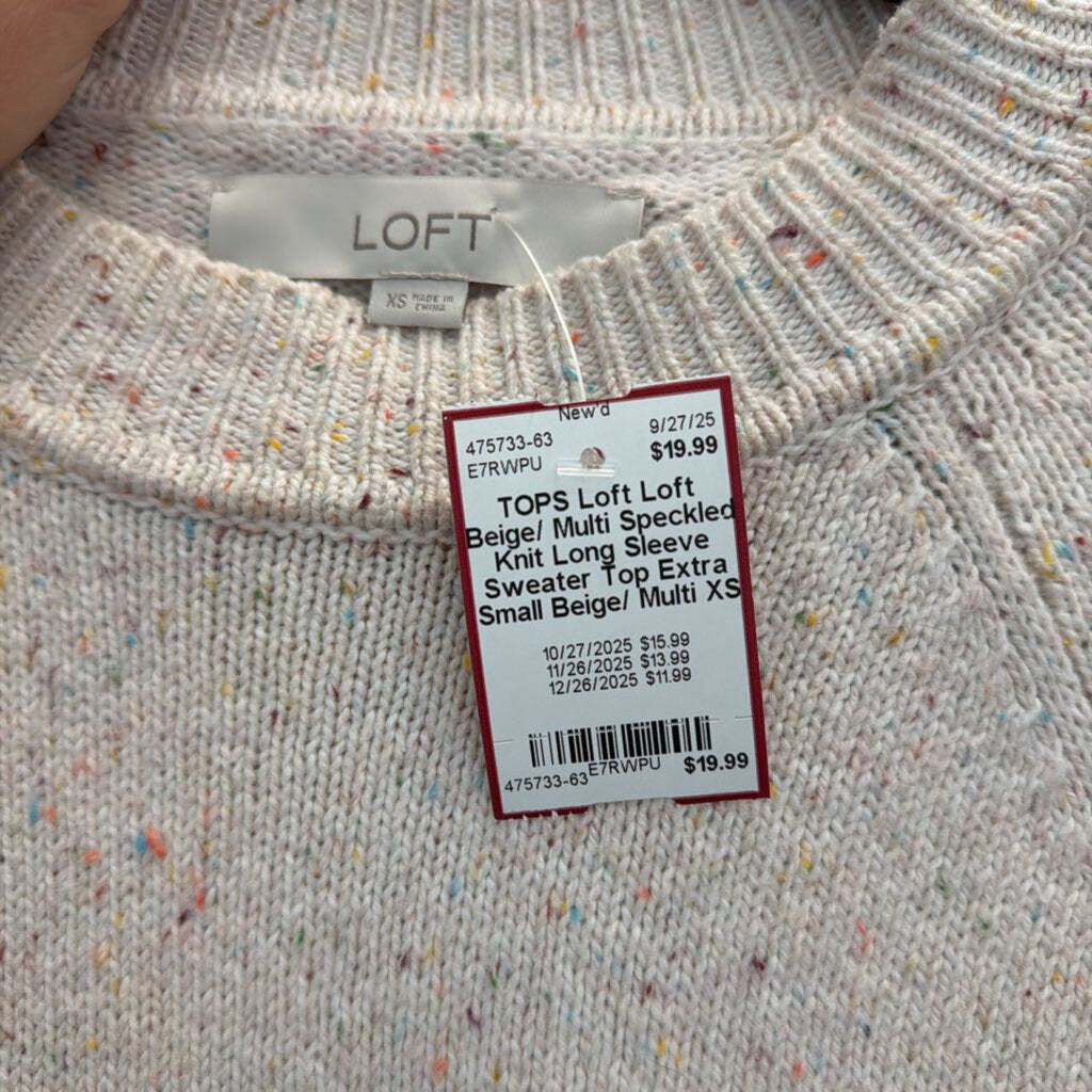 Loft Beige/ Multi Speckled Knit Long Sleeve Sweater Top Extra Small