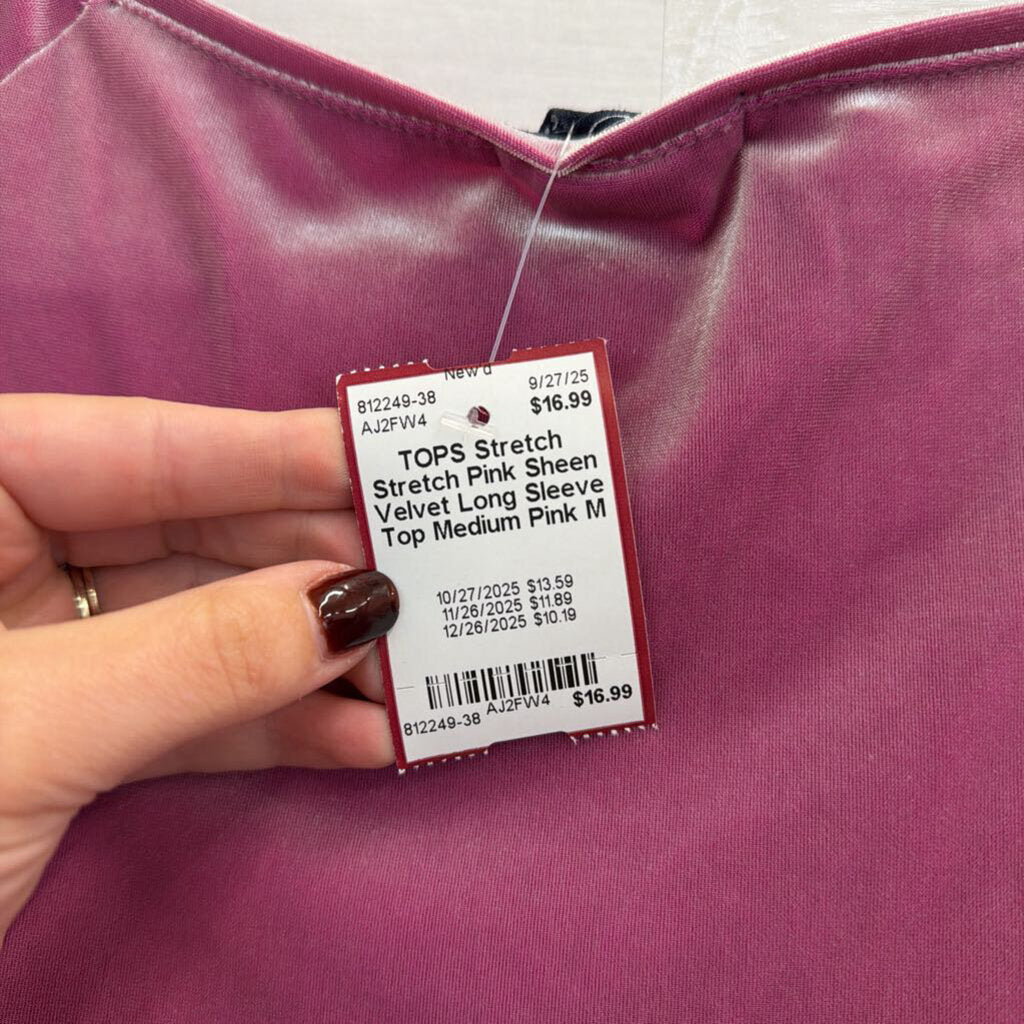 Stretch Pink Sheen Velvet Long Sleeve Top Medium