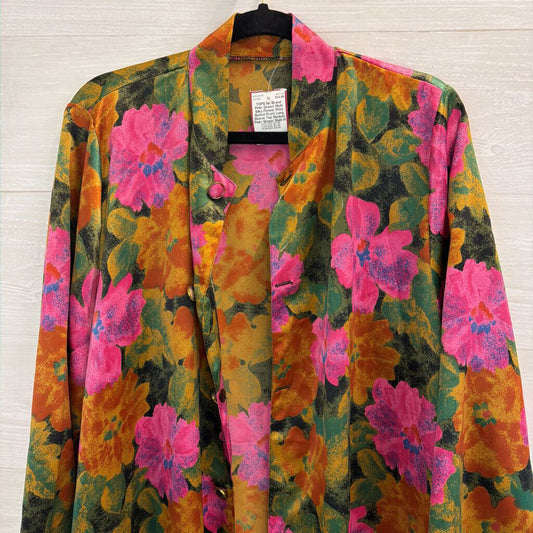Pink/ Green/ Multi Silky Flower Print Button Front Long Sleeve Top Medium
