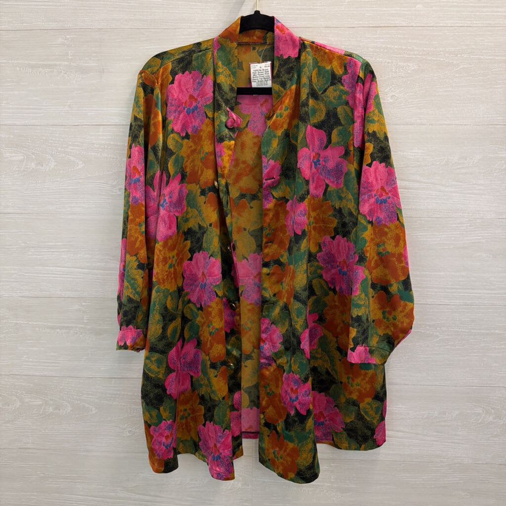 Pink/ Green/ Multi Silky Flower Print Button Front Long Sleeve Top Medium