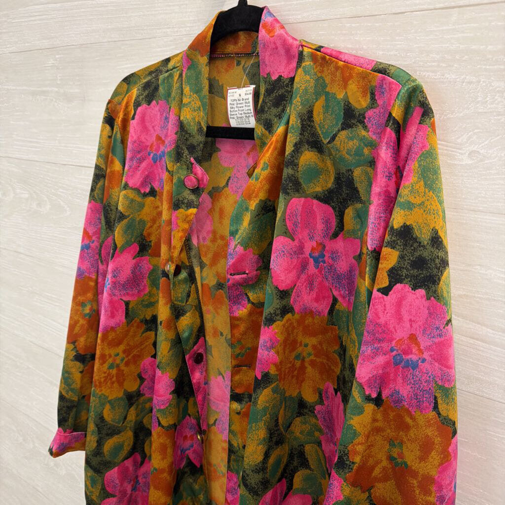Pink/ Green/ Multi Silky Flower Print Button Front Long Sleeve Top Medium