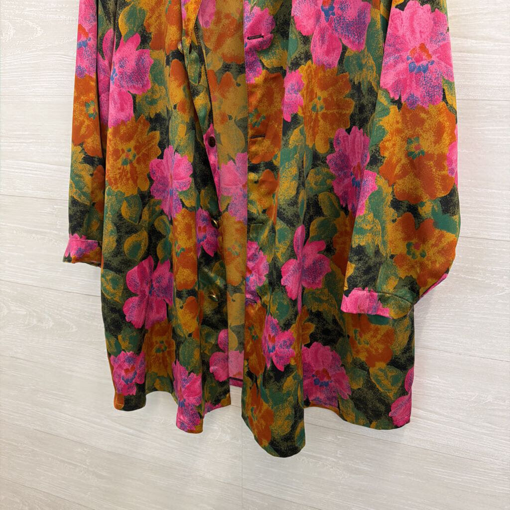 Pink/ Green/ Multi Silky Flower Print Button Front Long Sleeve Top Medium