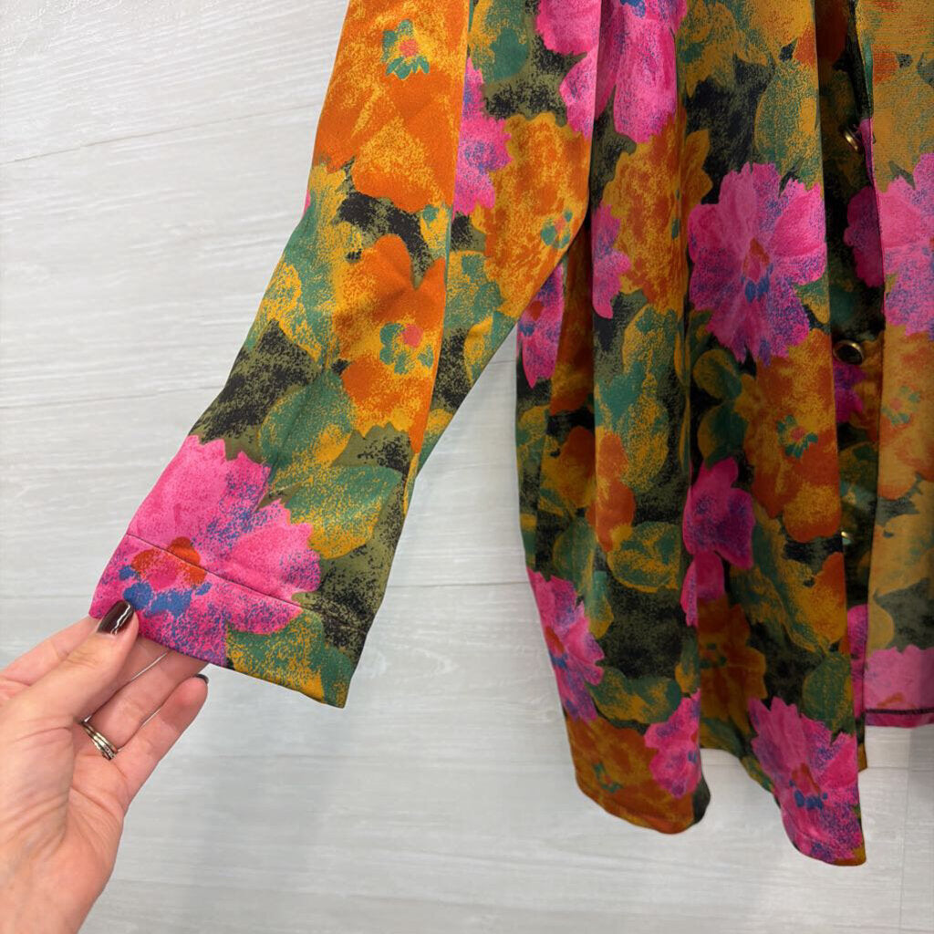 Pink/ Green/ Multi Silky Flower Print Button Front Long Sleeve Top Medium