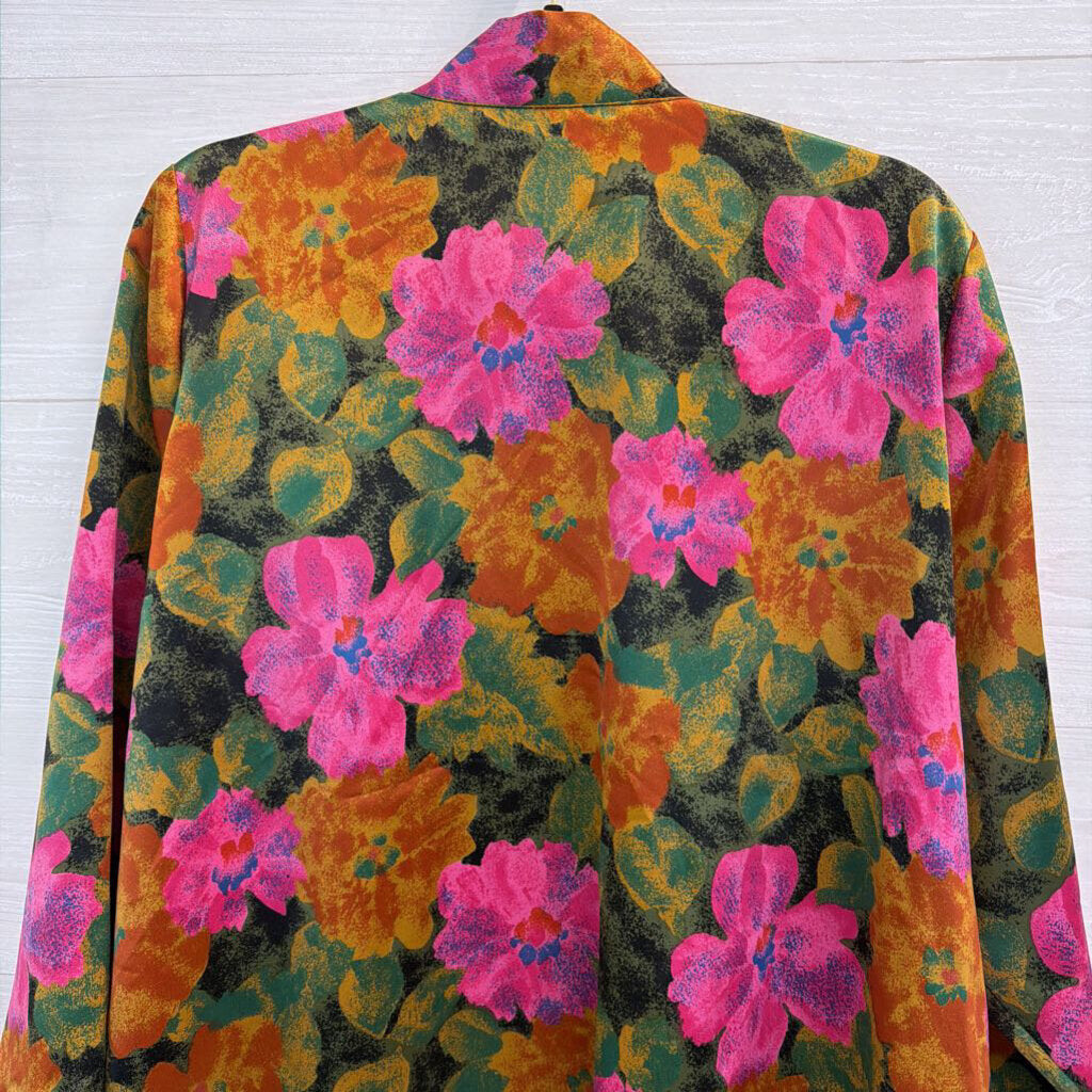 Pink/ Green/ Multi Silky Flower Print Button Front Long Sleeve Top Medium