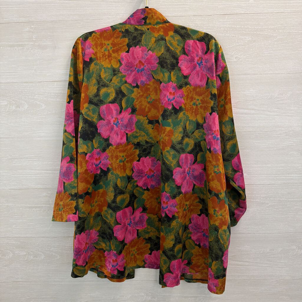 Pink/ Green/ Multi Silky Flower Print Button Front Long Sleeve Top Medium