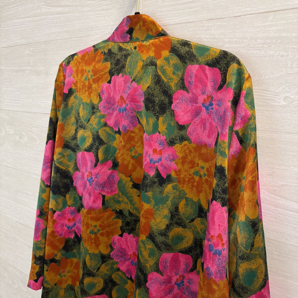 Pink/ Green/ Multi Silky Flower Print Button Front Long Sleeve Top Medium