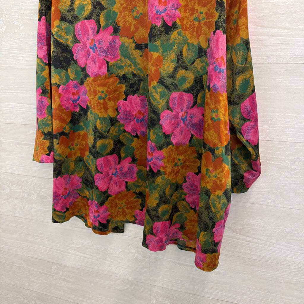 Pink/ Green/ Multi Silky Flower Print Button Front Long Sleeve Top Medium