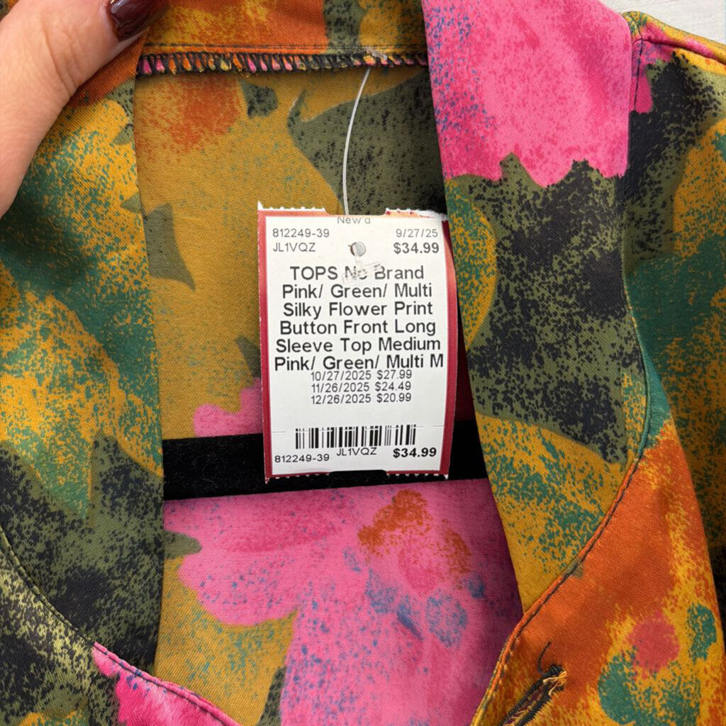 Pink/ Green/ Multi Silky Flower Print Button Front Long Sleeve Top Medium