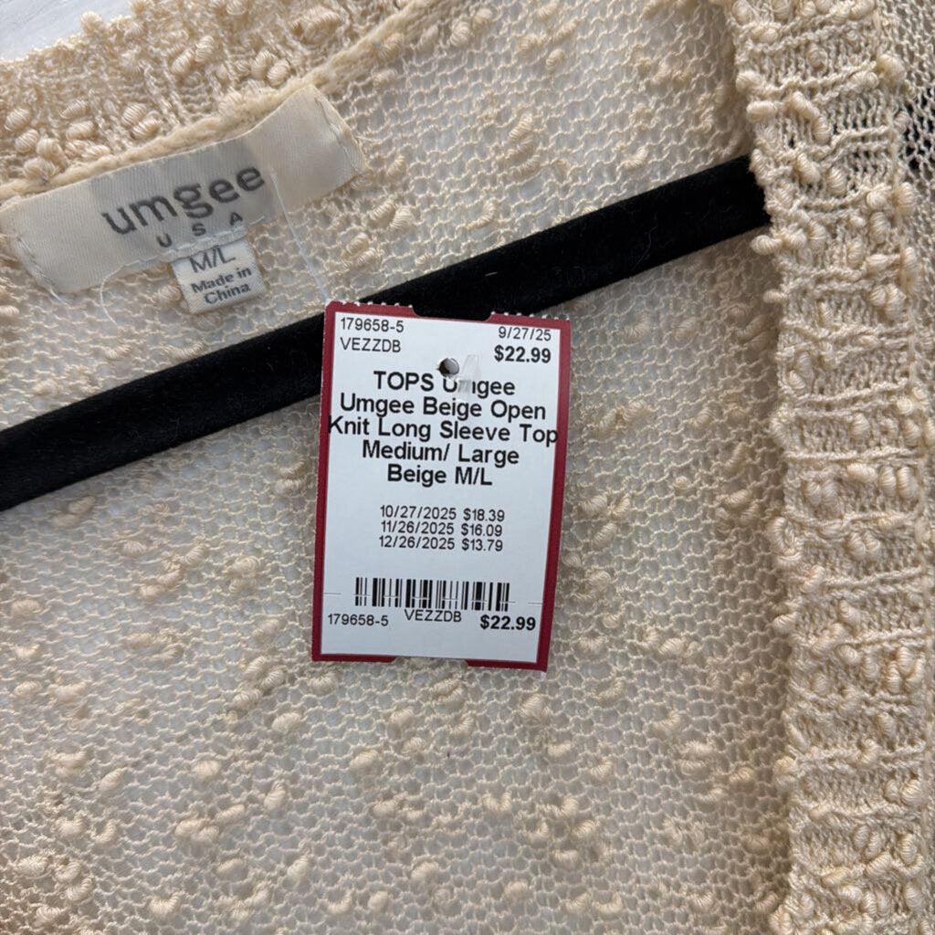 Umgee Beige Open Knit Long Sleeve Top Medium/ Large
