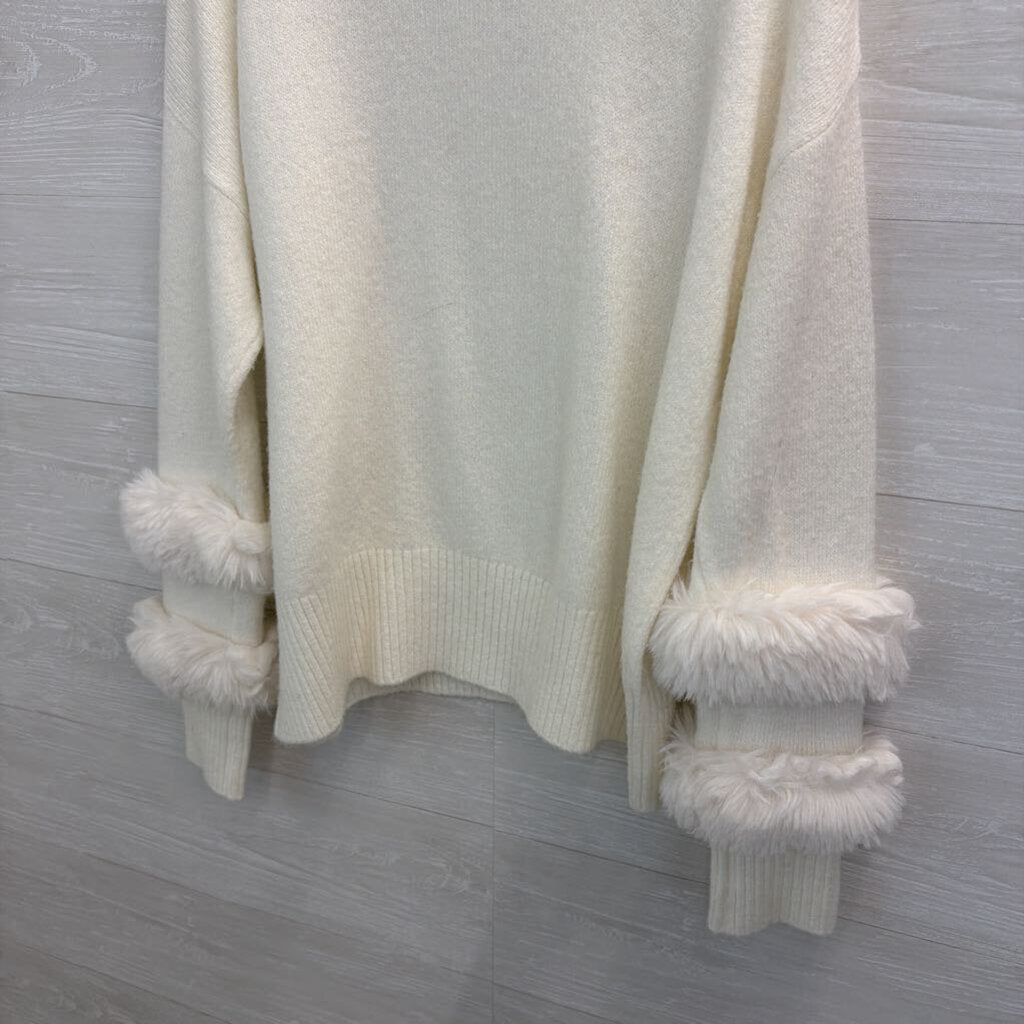 Philosophy White Knit Mock Neck Fur Sleeve Detail Sweater Medium