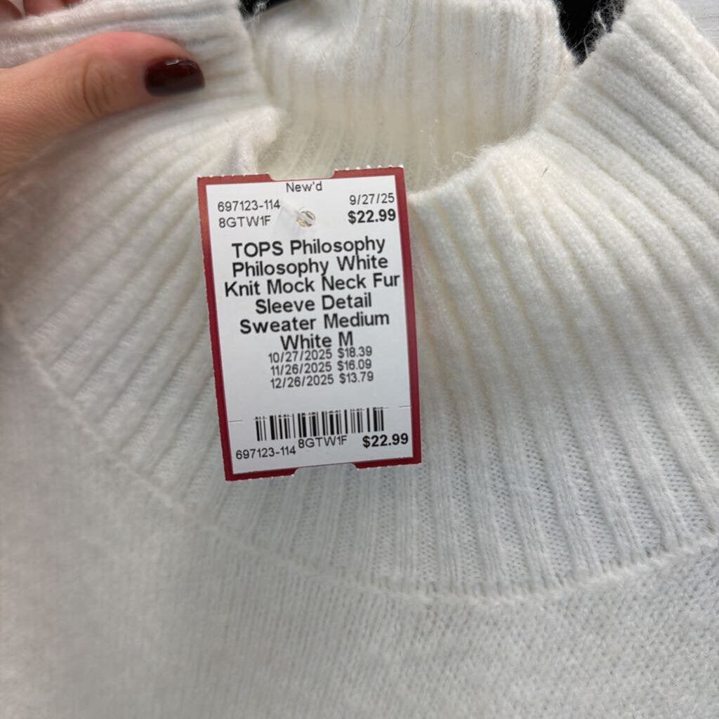 Philosophy White Knit Mock Neck Fur Sleeve Detail Sweater Medium