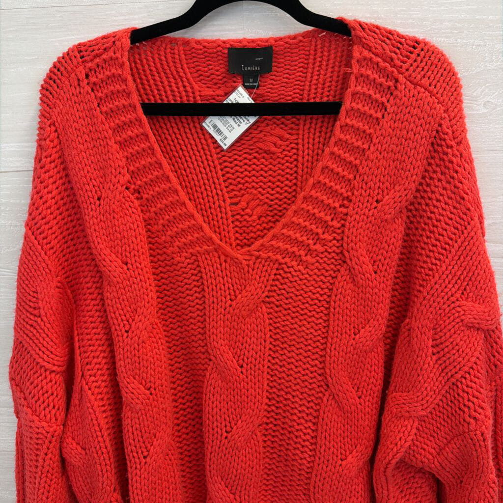Lumiere Red Chunky Knit Long Sleeve V Neck Sweater Medium