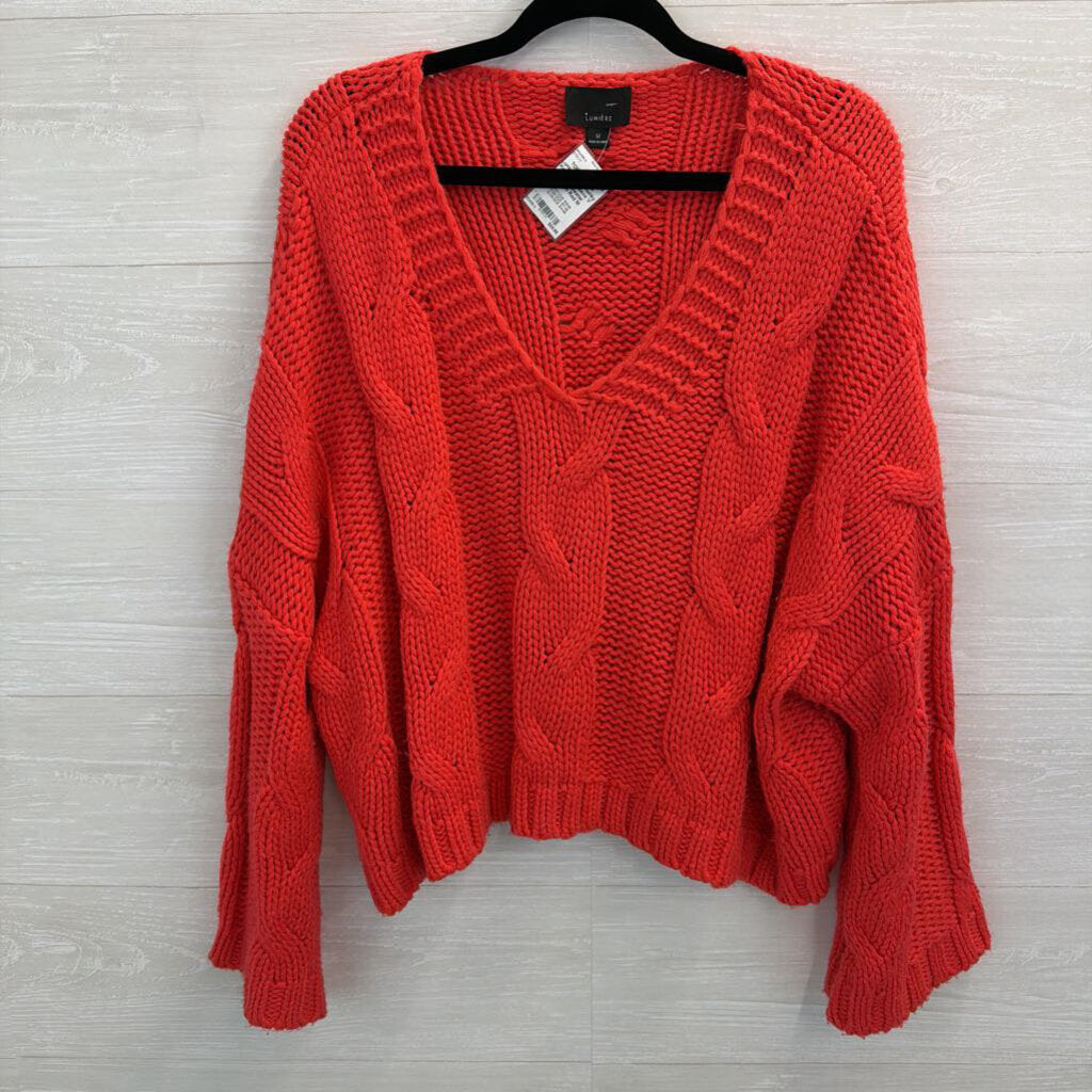Lumiere Red Chunky Knit Long Sleeve V Neck Sweater Medium