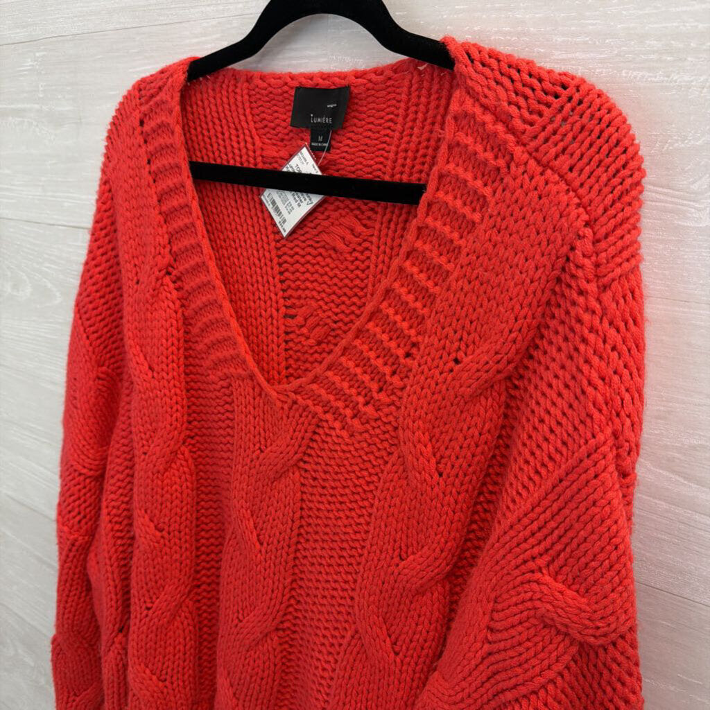 Lumiere Red Chunky Knit Long Sleeve V Neck Sweater Medium