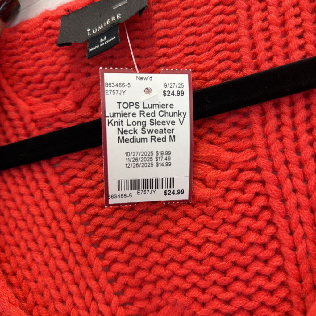 Lumiere Red Chunky Knit Long Sleeve V Neck Sweater Medium
