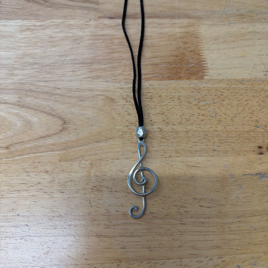 Black Leather/ Silver Treble Clef Pendant Necklace