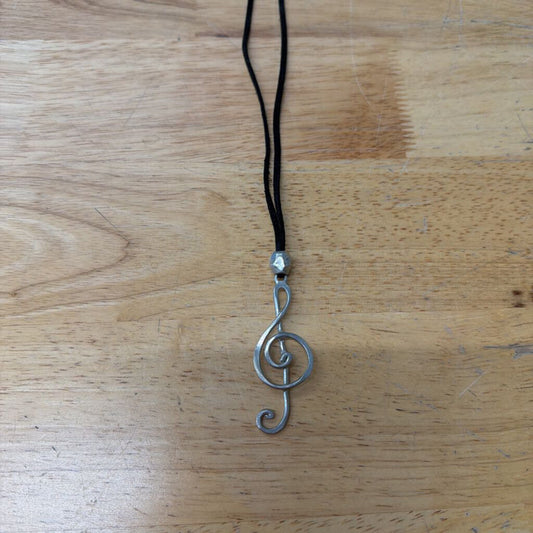 Black Leather/ Silver Treble Clef Pendant Necklace