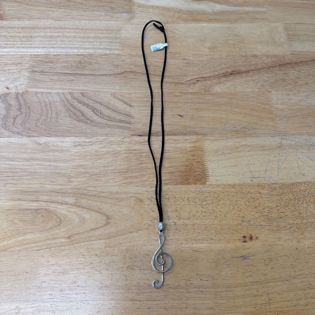 Black Leather/ Silver Treble Clef Pendant Necklace