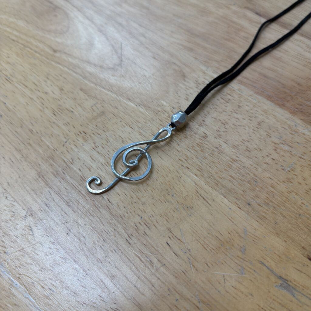 Black Leather/ Silver Treble Clef Pendant Necklace