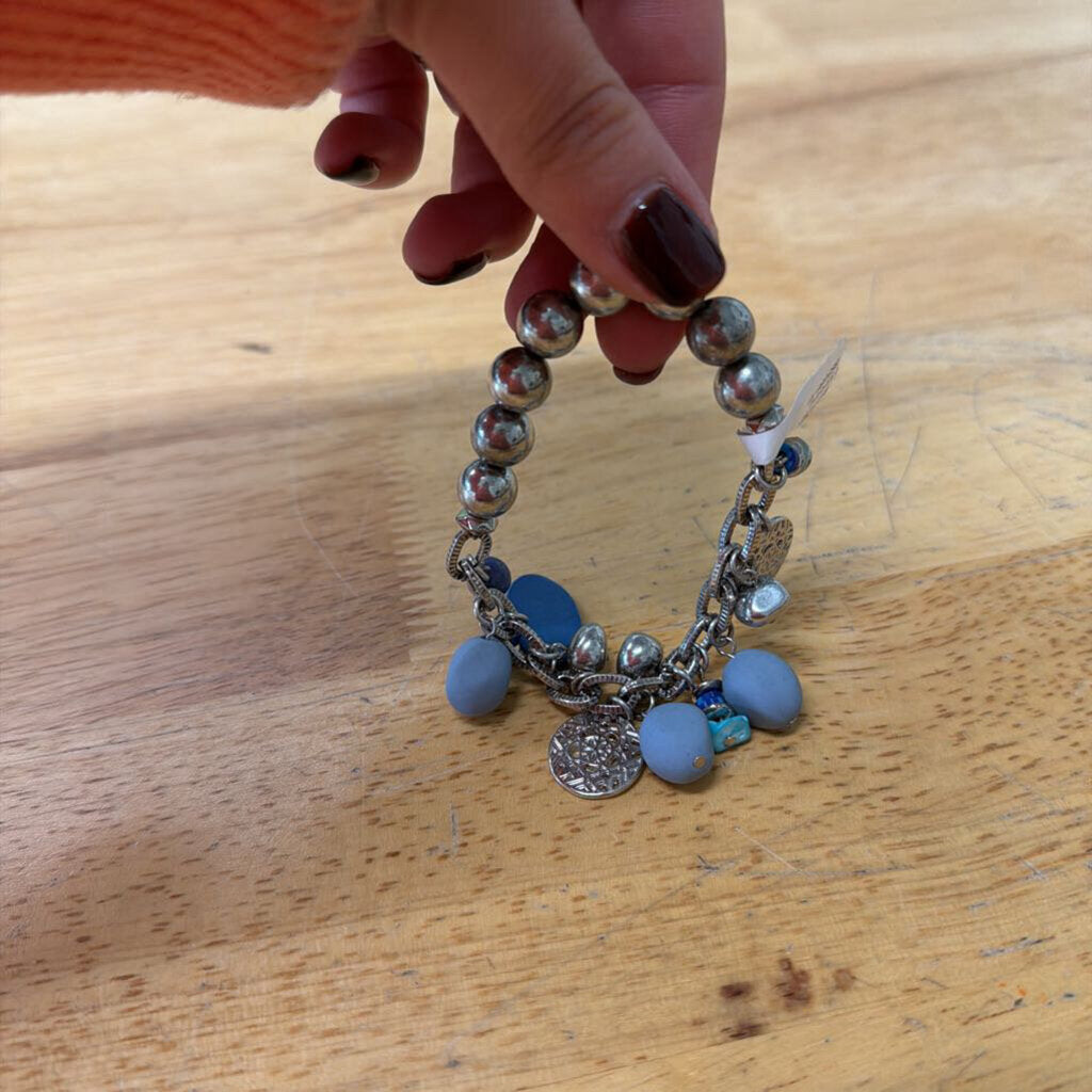 Silver/ Blue Stretchy Charm Bracelet