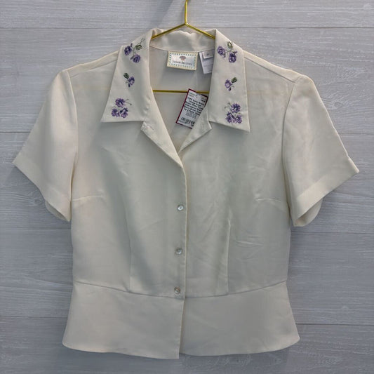 Vintage Susan Bristol White/ Purple Embroidered Short Sleeve Button Down Top 4 Petite