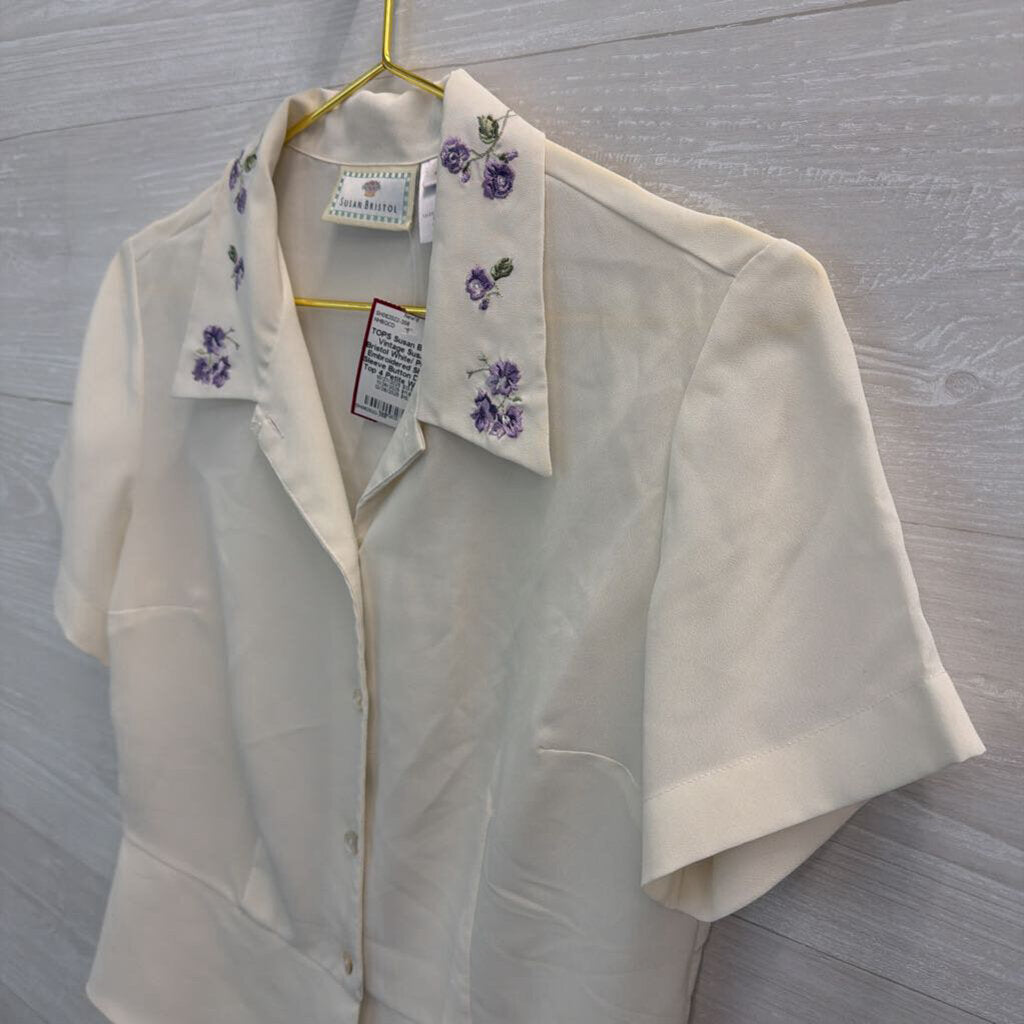Vintage Susan Bristol White/ Purple Embroidered Short Sleeve Button Down Top 4 Petite