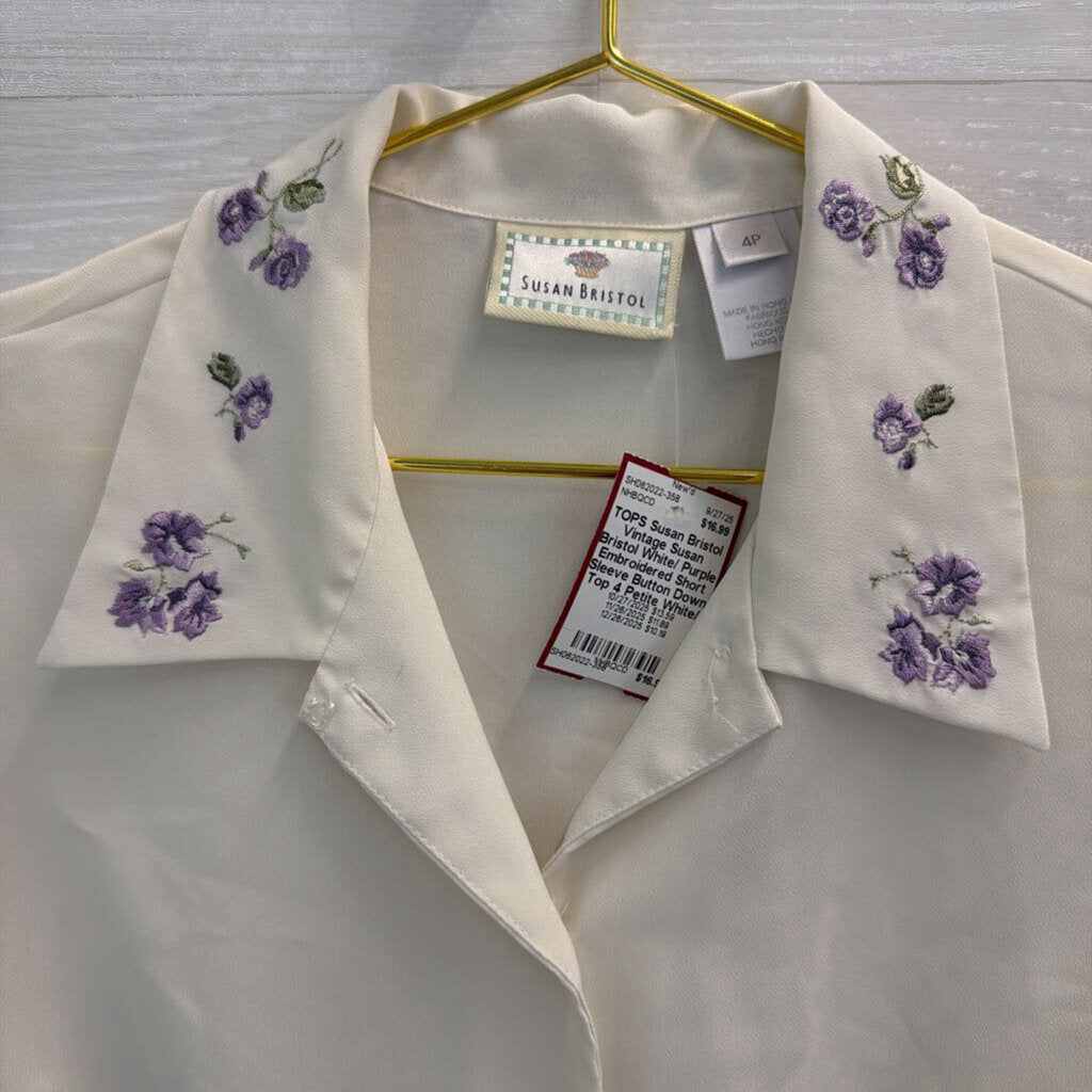 Vintage Susan Bristol White/ Purple Embroidered Short Sleeve Button Down Top 4 Petite