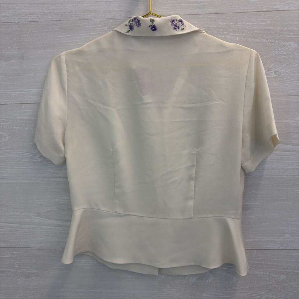 Vintage Susan Bristol White/ Purple Embroidered Short Sleeve Button Down Top 4 Petite