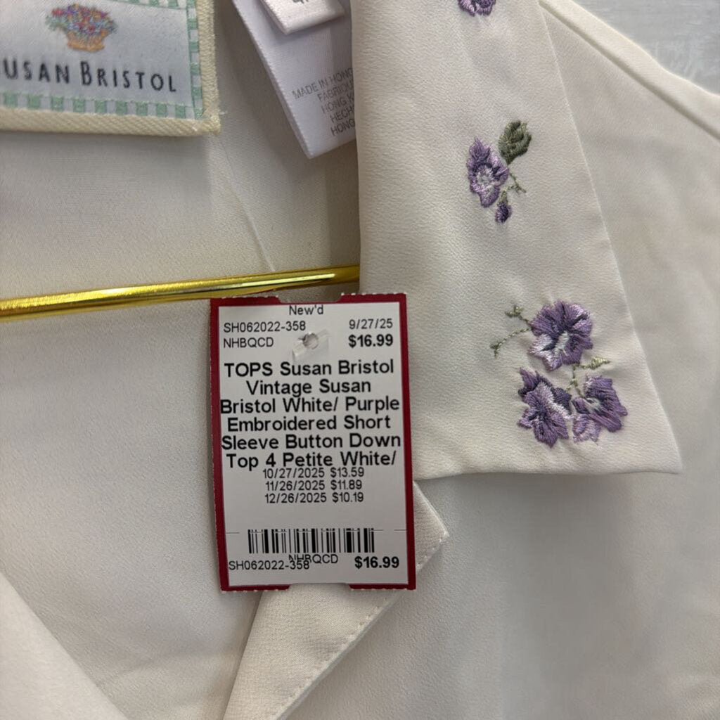 Vintage Susan Bristol White/ Purple Embroidered Short Sleeve Button Down Top 4 Petite