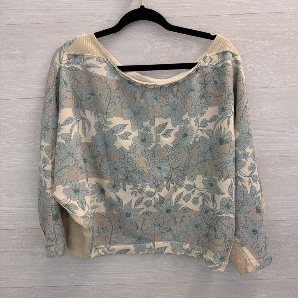 Free People Blue/ White Flower Print Boxy Sweatshirt Top Extra Small