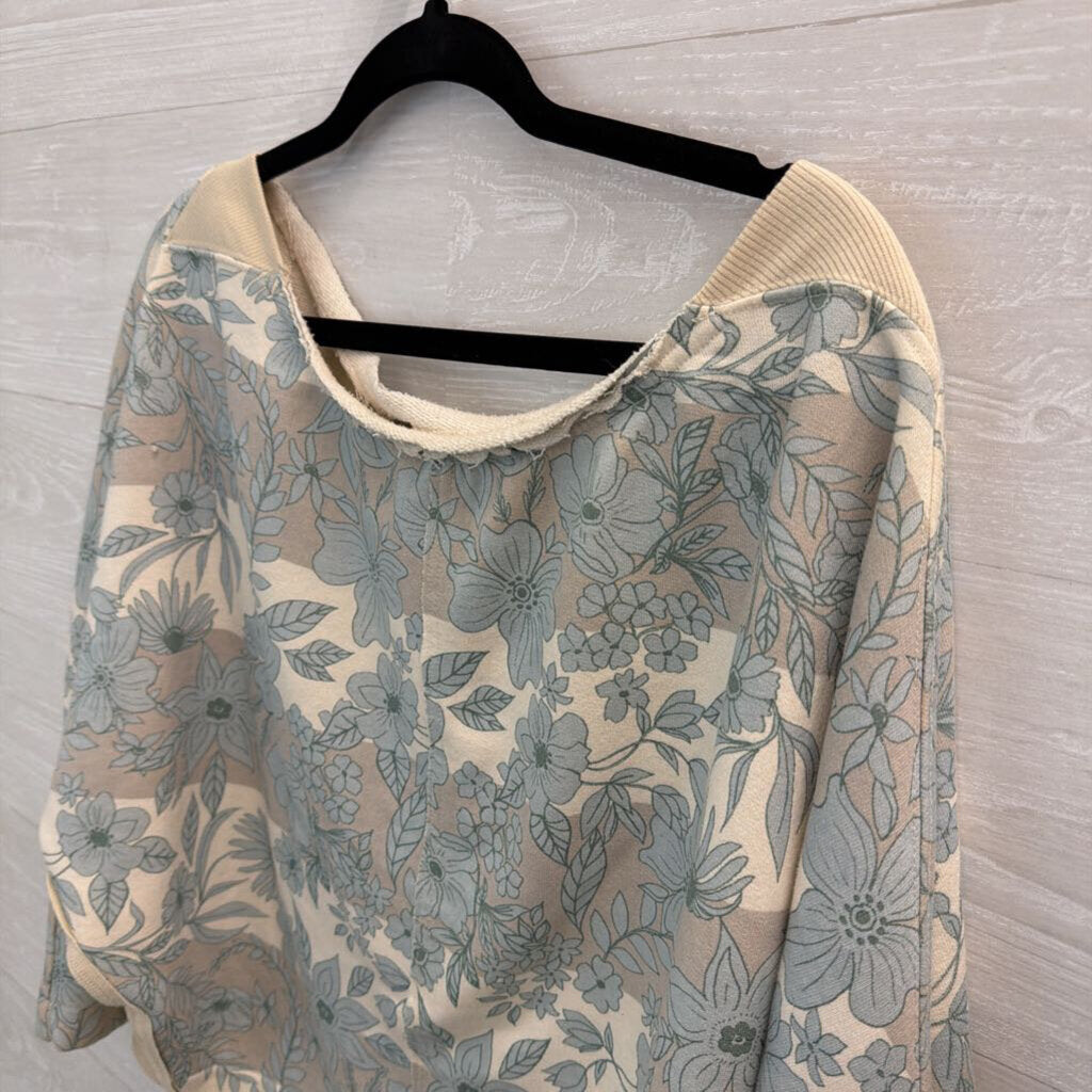 Free People Blue/ White Flower Print Boxy Sweatshirt Top Extra Small