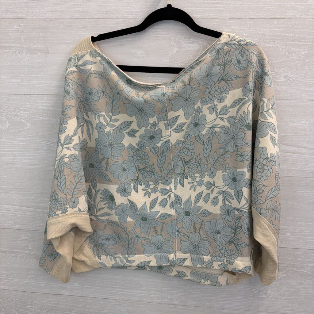 Free People Blue/ White Flower Print Boxy Sweatshirt Top Extra Small