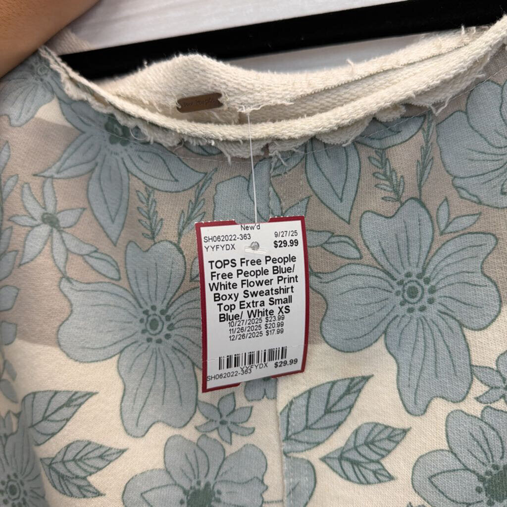 Free People Blue/ White Flower Print Boxy Sweatshirt Top Extra Small