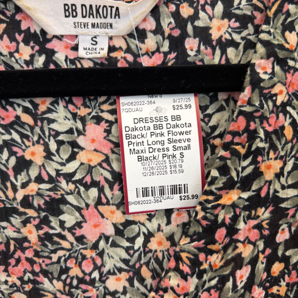 BB Dakota Black/ Pink Flower Print Long Sleeve Maxi Dress Small