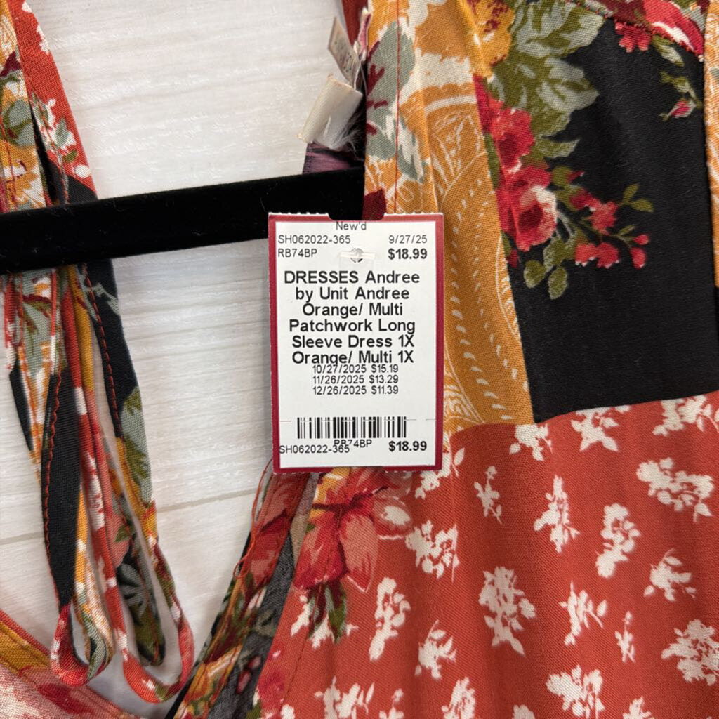 Andree Orange/ Multi Patchwork Long Sleeve Dress 1X
